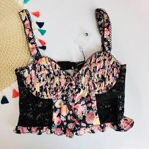 For Love And Lemons Gardenia Long Line Bra Black Multi Floral Medium NEW